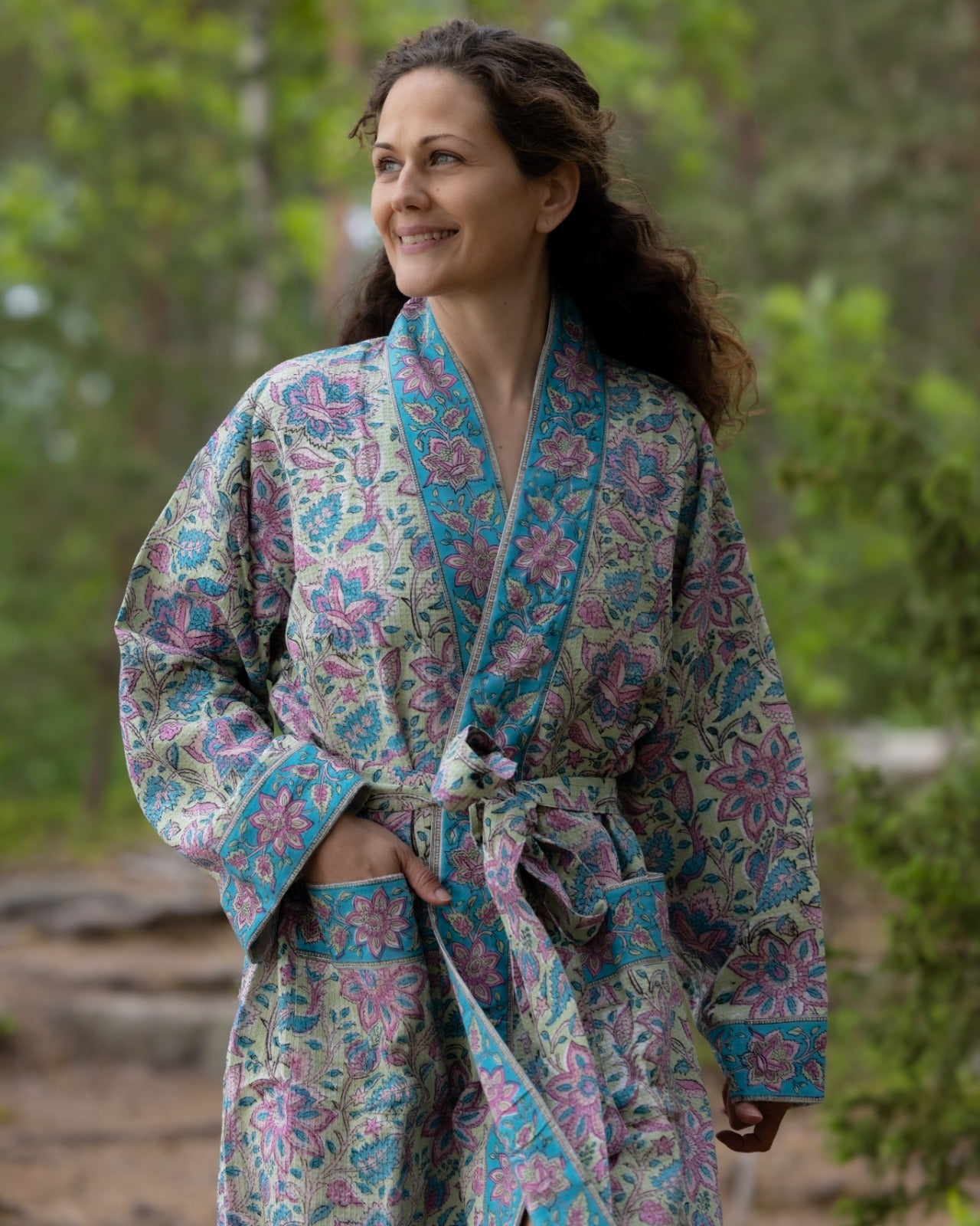 Waffel Cotton Bath Robe - Azure Bloom