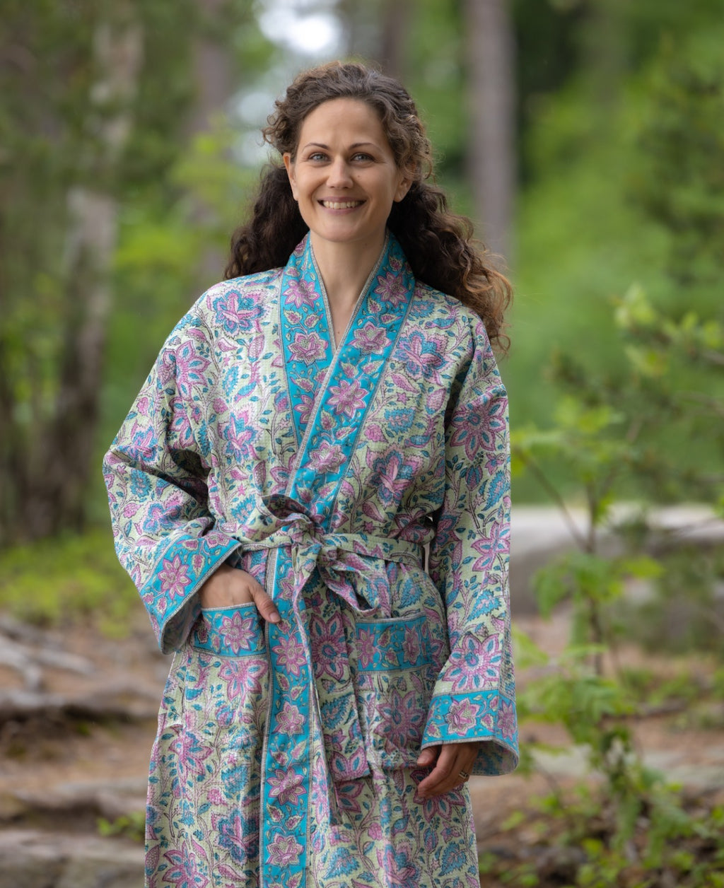Waffel Cotton Bath Robe - Azure Bloom