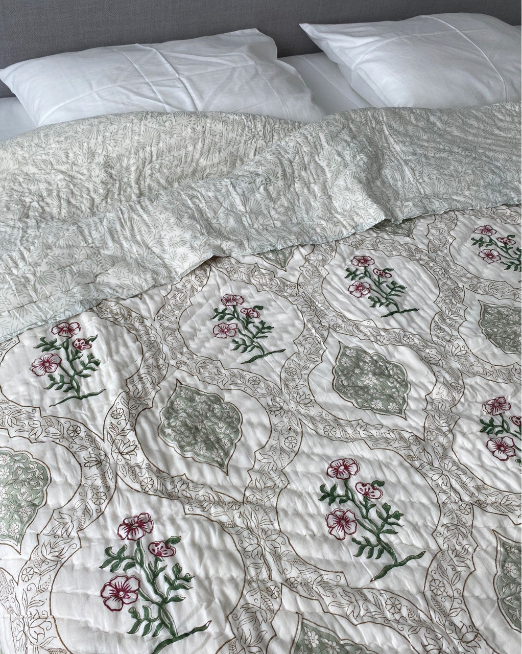 Pastel Garden - Hand-block printed Double-bed Quilt