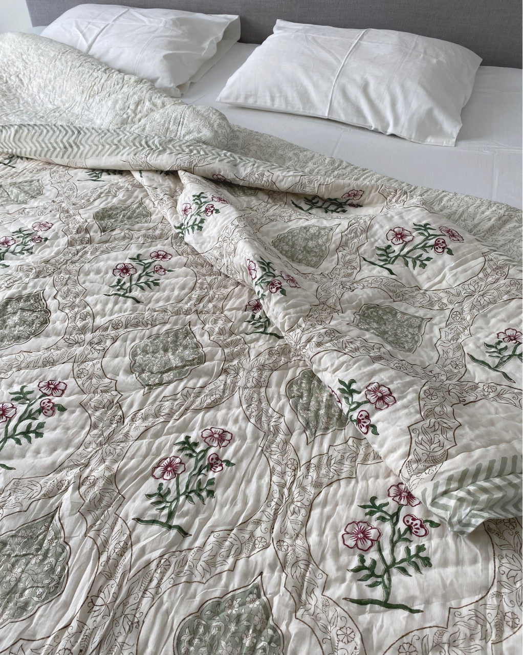 Pastel Garden - Hand-block printed Double-bed Quilt