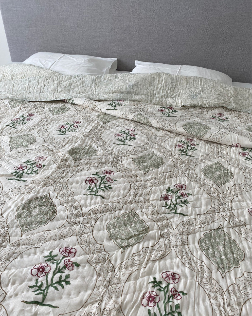 Pastel Garden - Hand-block printed Double-bed Quilt