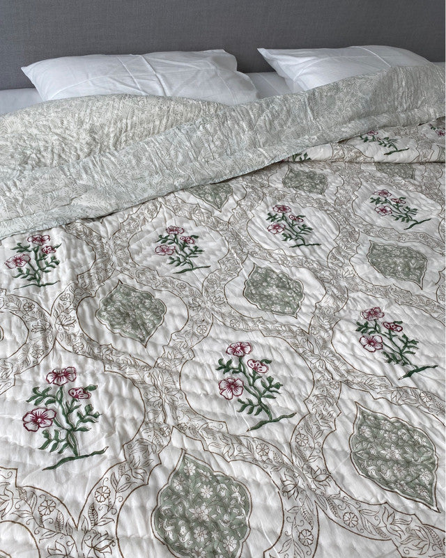 Pastel Garden - Hand-block printed Double-bed Quilt