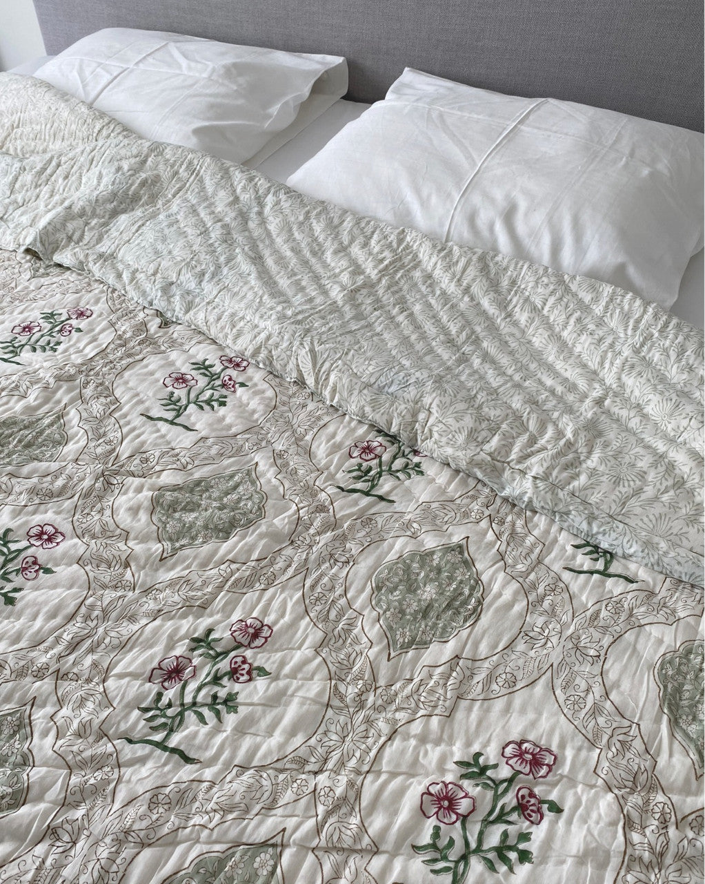 Pastel Garden - Hand-block printed Double-bed Quilt