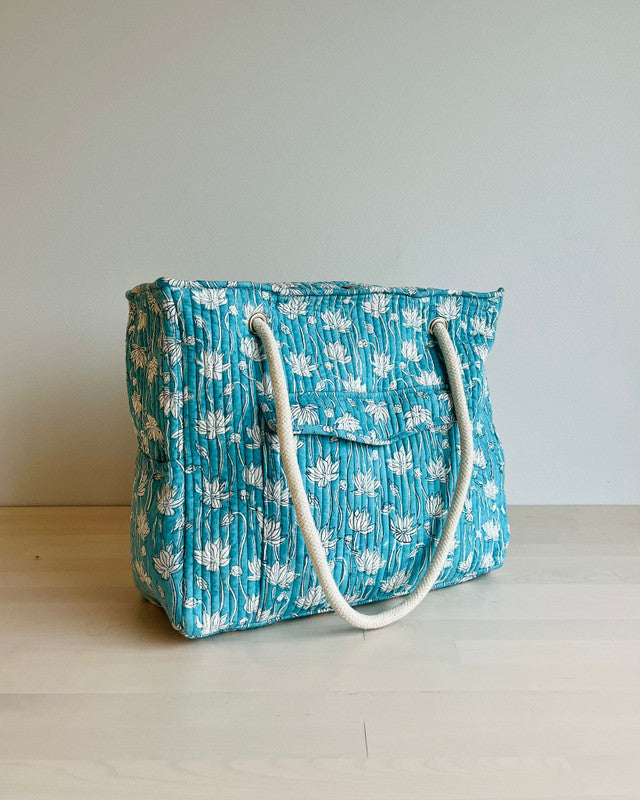 Handblock Printed Large Tote Bag - Lotus Symphony