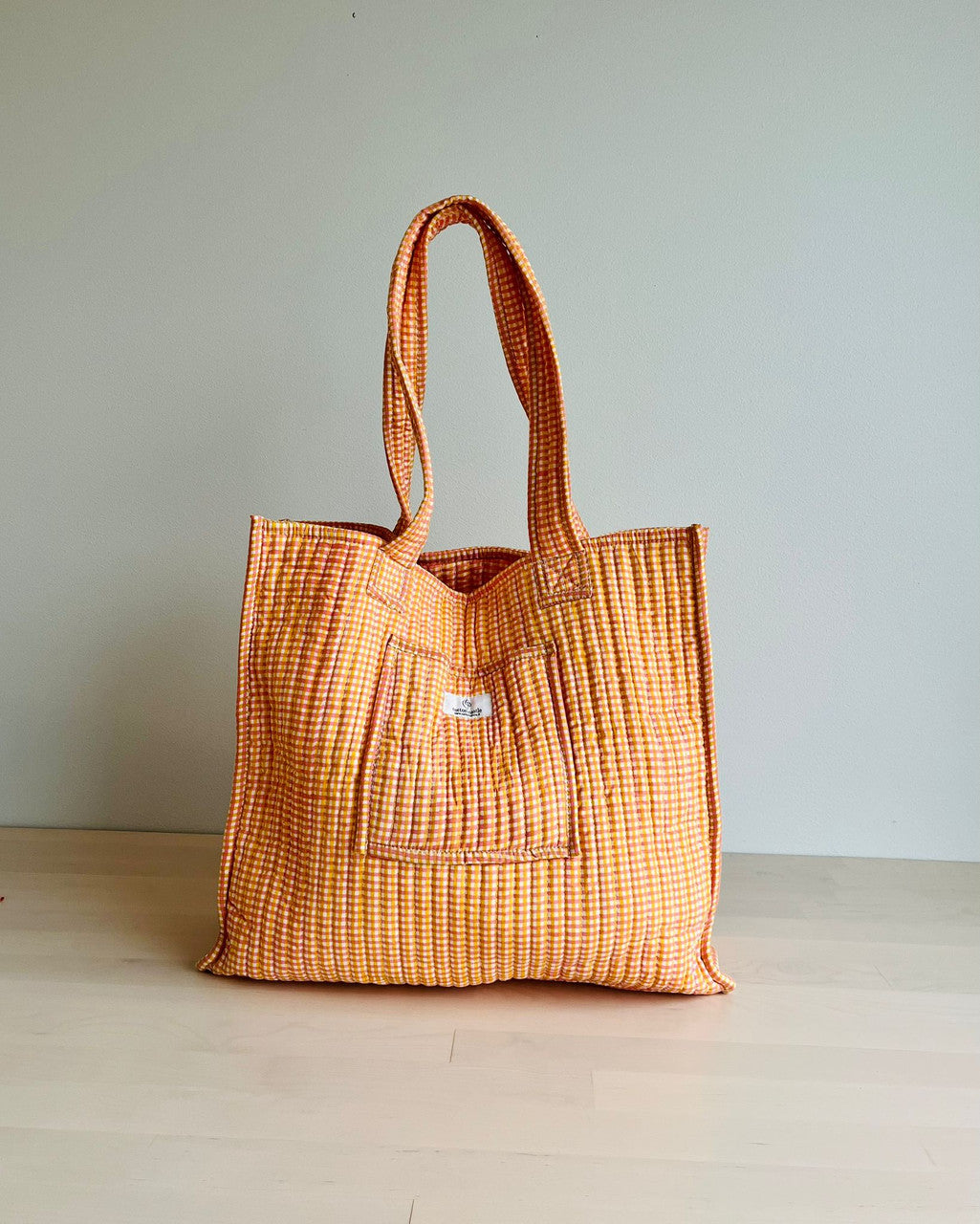 Handblock Printed Shopping Bag - Mandarin Picnic Checks
