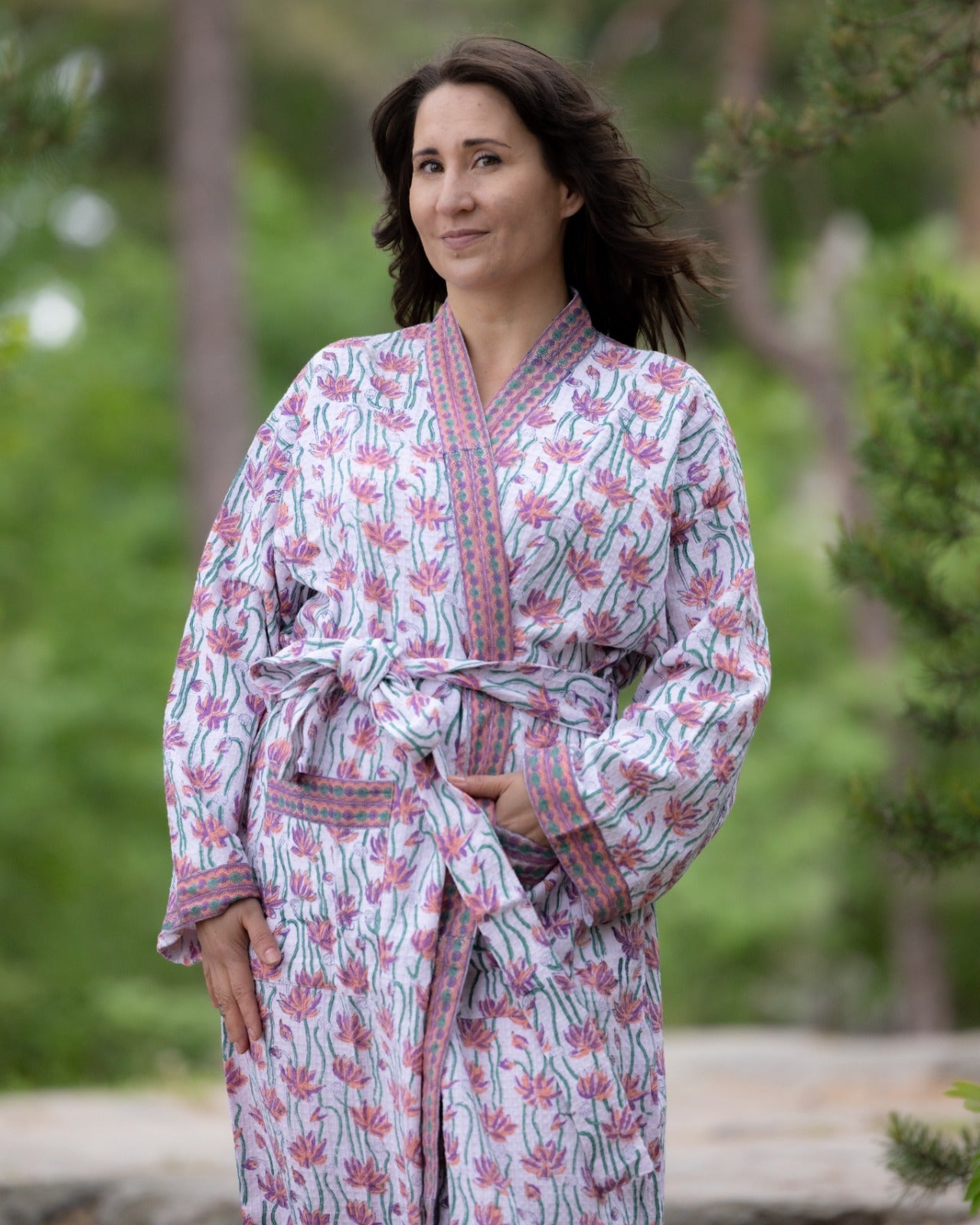 Waffel Cotton Bath Robe - Lotus Trail