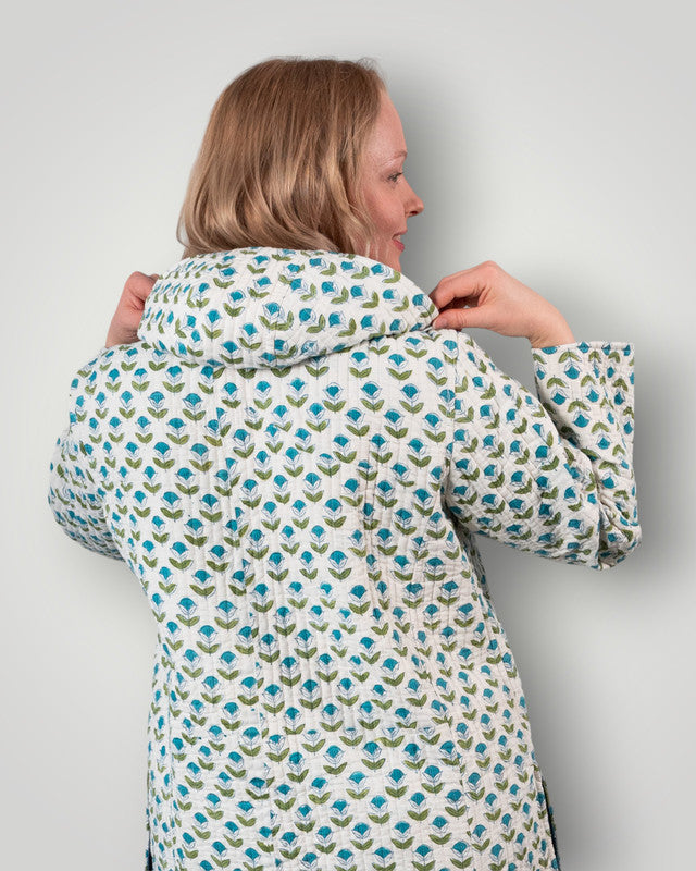 Luxury quilted reversible jacket with hood - Deep Blue Dahlia and Gentle Greenery