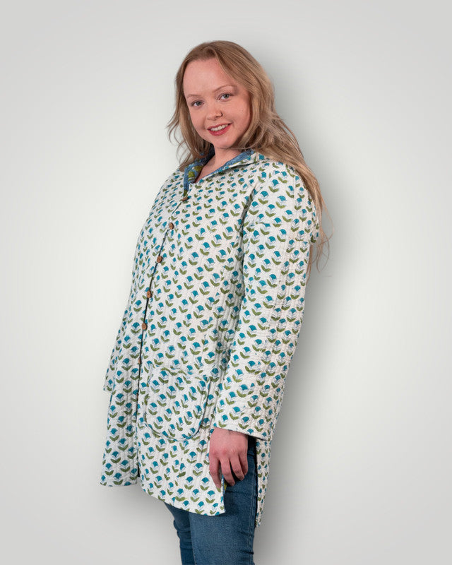 Luxury quilted reversible jacket with hood - Deep Blue Dahlia and Gentle Greenery