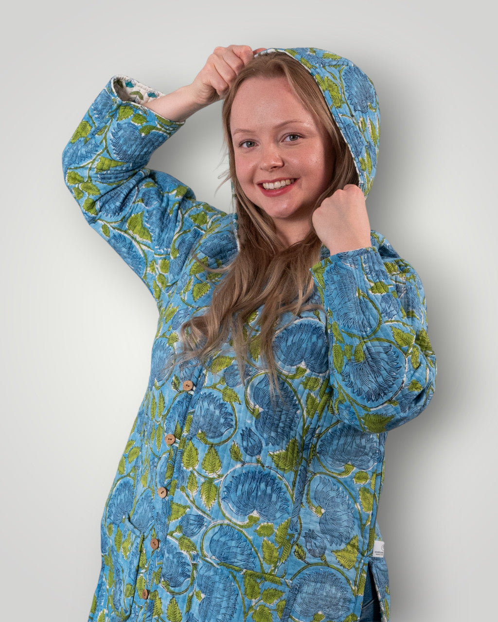 Luxury quilted reversible jacket with hood - Deep Blue Dahlia and Gentle Greenery