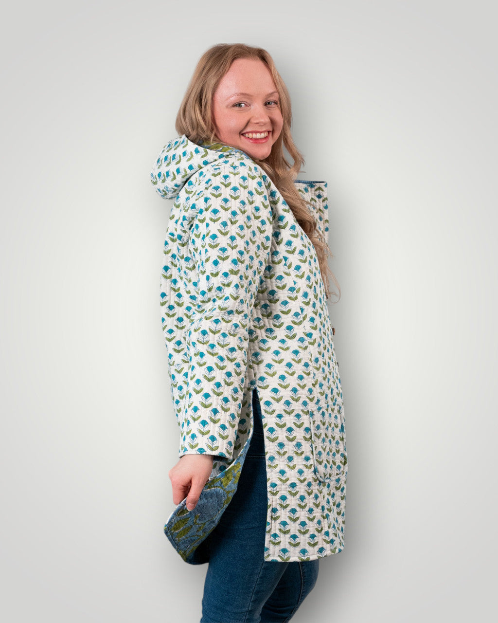 Luxury quilted reversible jacket with hood - Deep Blue Dahlia and Gentle Greenery