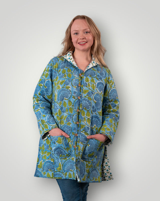 Luxury quilted reversible jacket with hood - Deep Blue Dahlia and Gentle Greenery