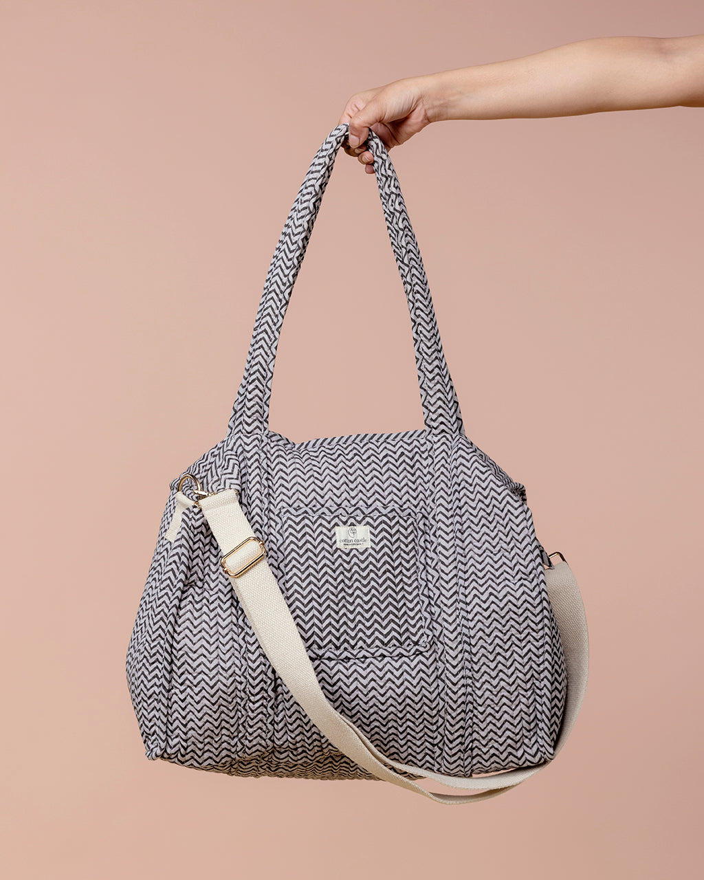 Handblock Printed Duffel Bag -Zig Zag Grey