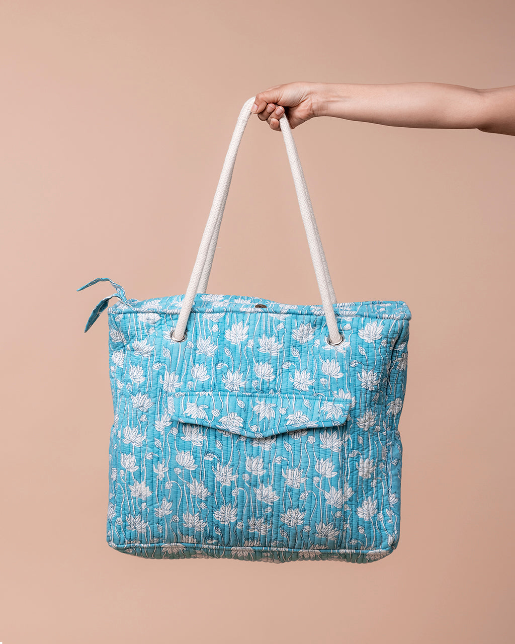 Handblock Printed Large Tote Bag - Lotus Symphony