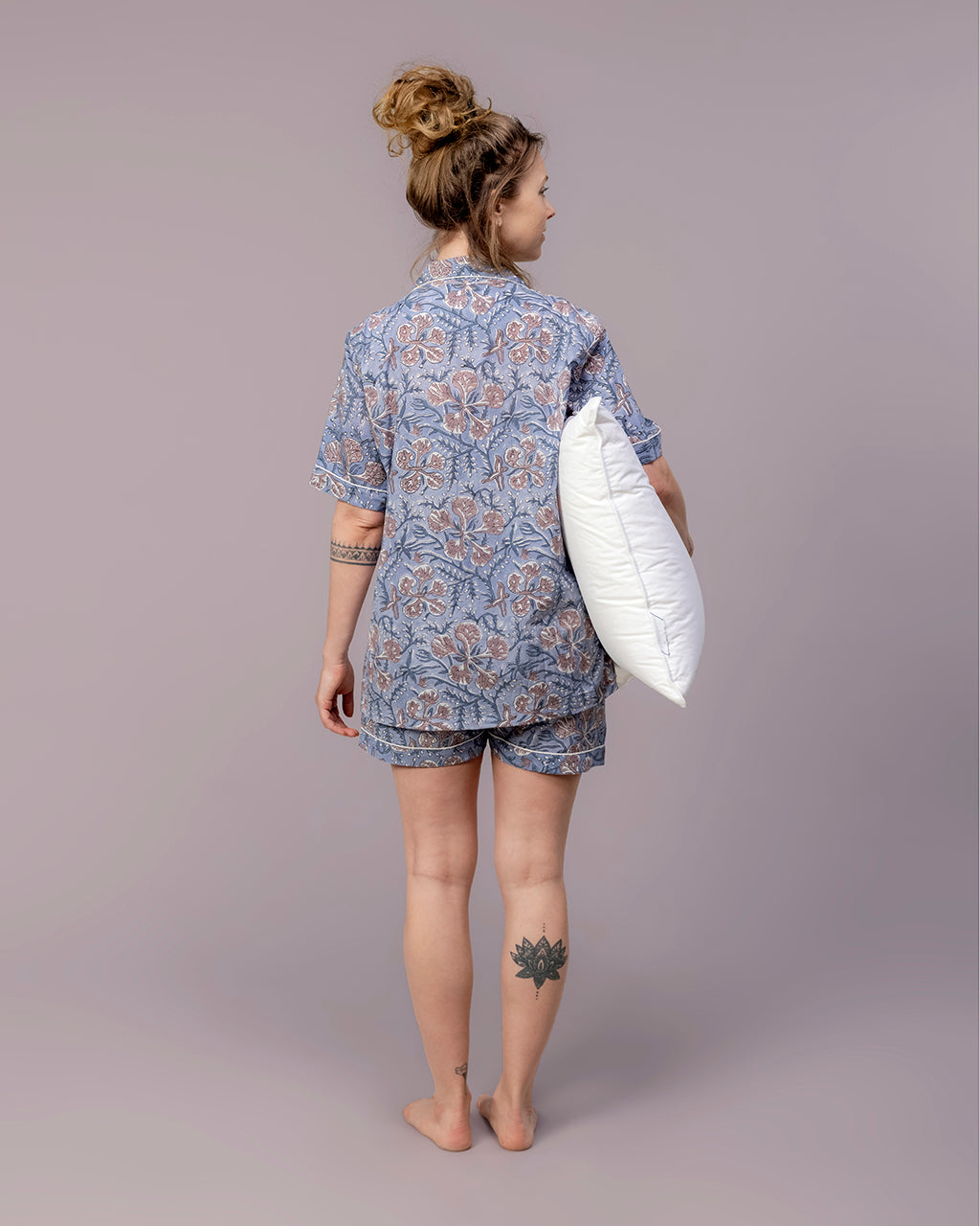 Hand Block Printed 4-piece Pajama Set (Blue)