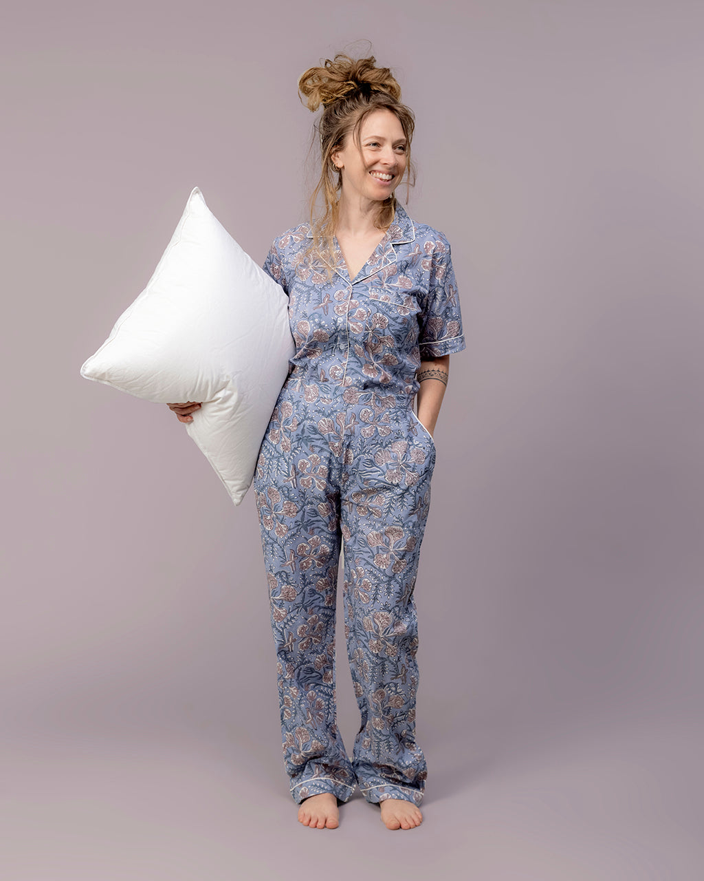 Hand Block Printed 4-piece Pajama Set (Blue)