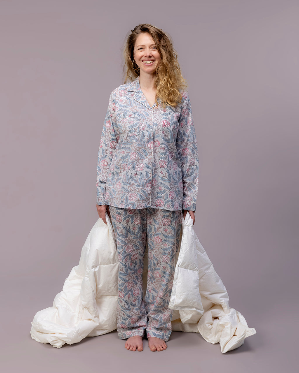 Blush Grey Floral Hand Block Printed Pajama Set