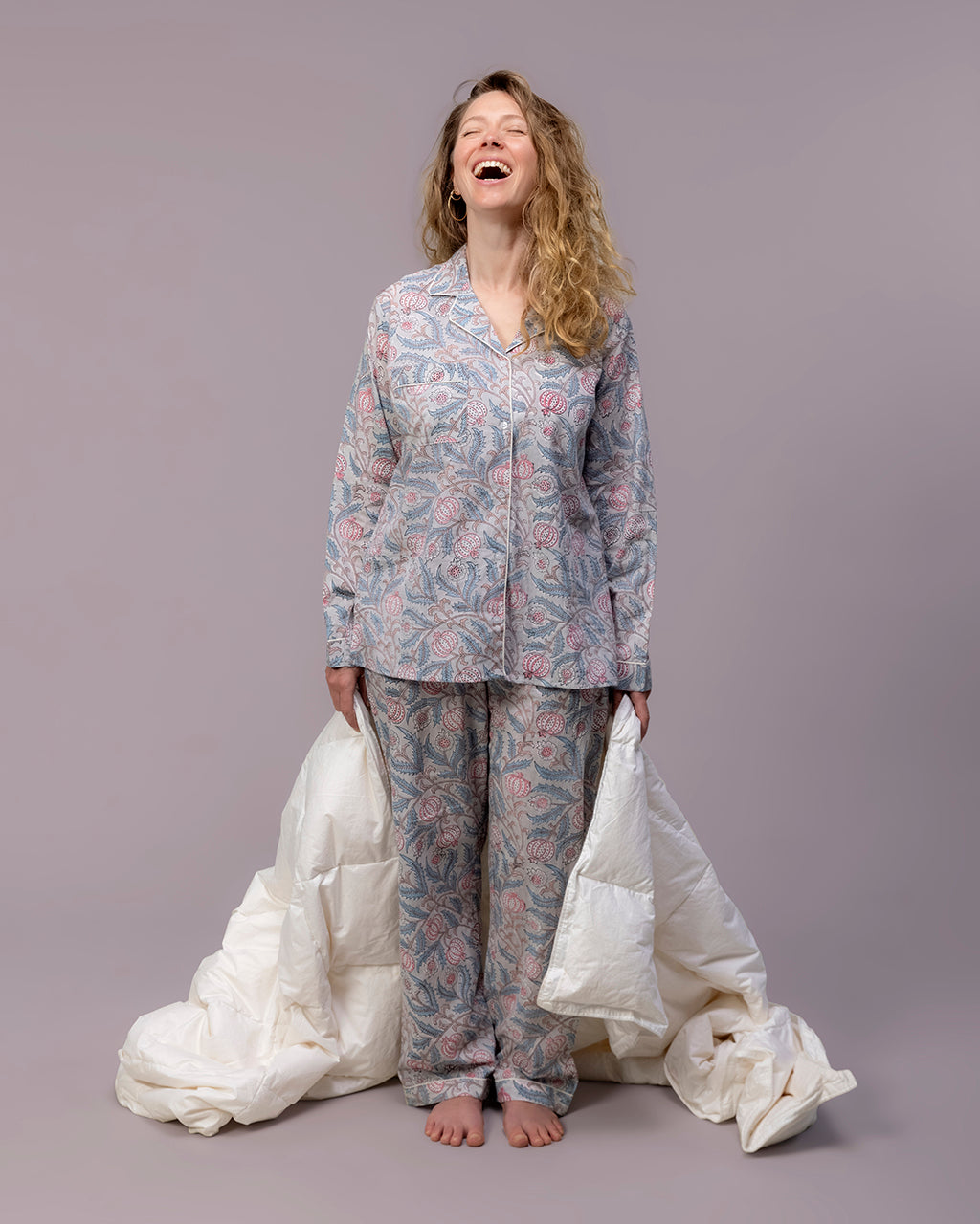 Blush Grey Floral Hand Block Printed Pajama Set