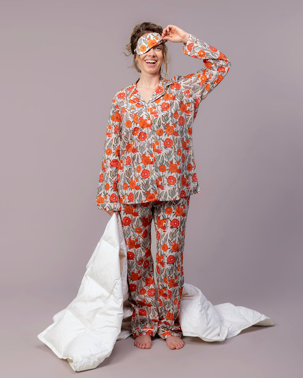 Orange Poppy Hand Block Printed Pajama Set