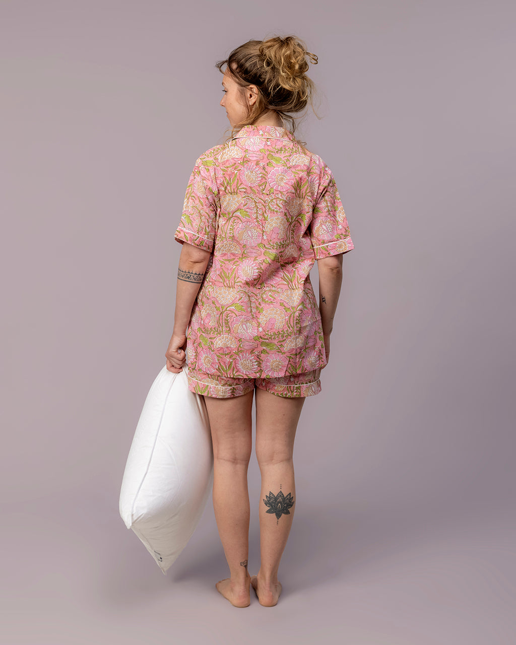 Hand Block Printed 4-piece Pajama Set (Pink)