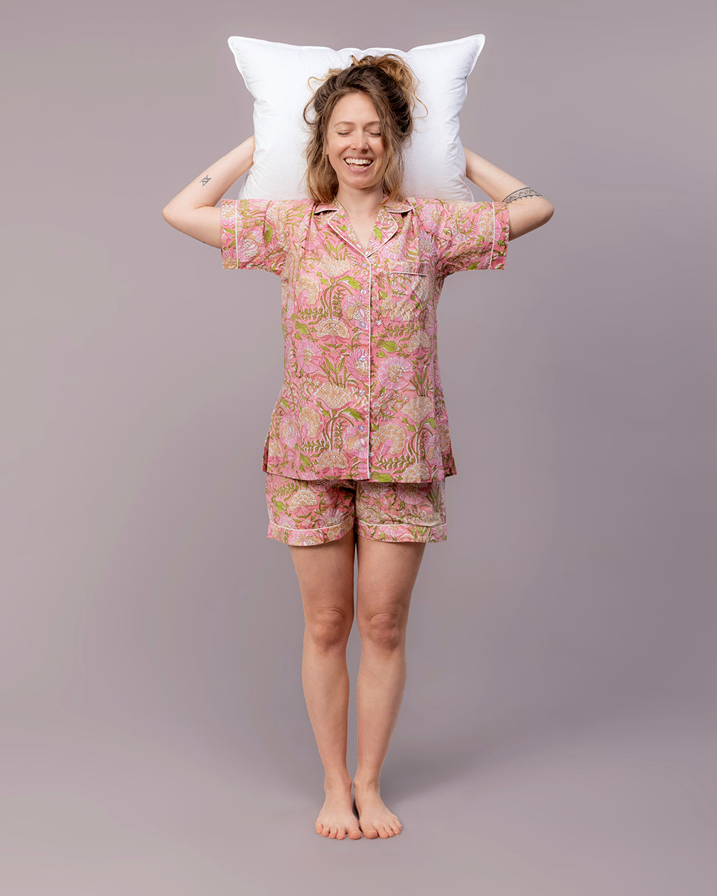 Hand Block Printed 4-piece Pajama Set (Pink)