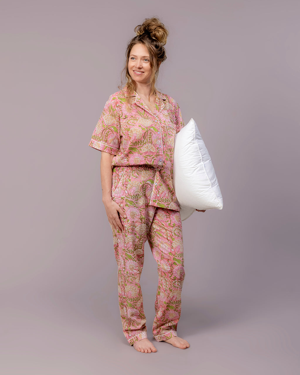 Hand Block Printed 4-piece Pajama Set (Pink)