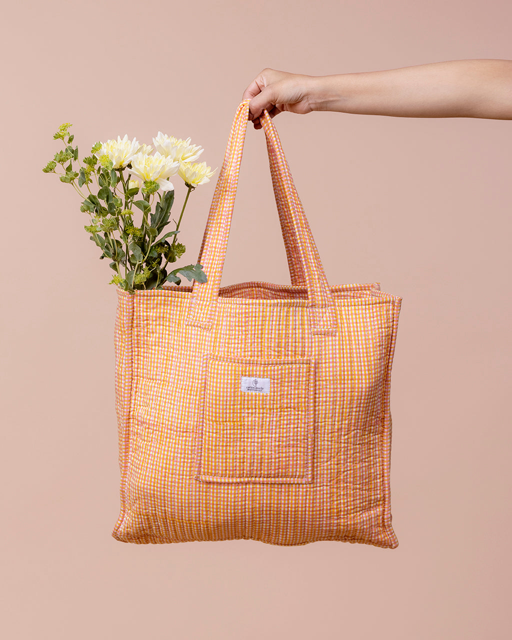 Handblock Printed Shopping Bag - Mandarin Picnic Checks